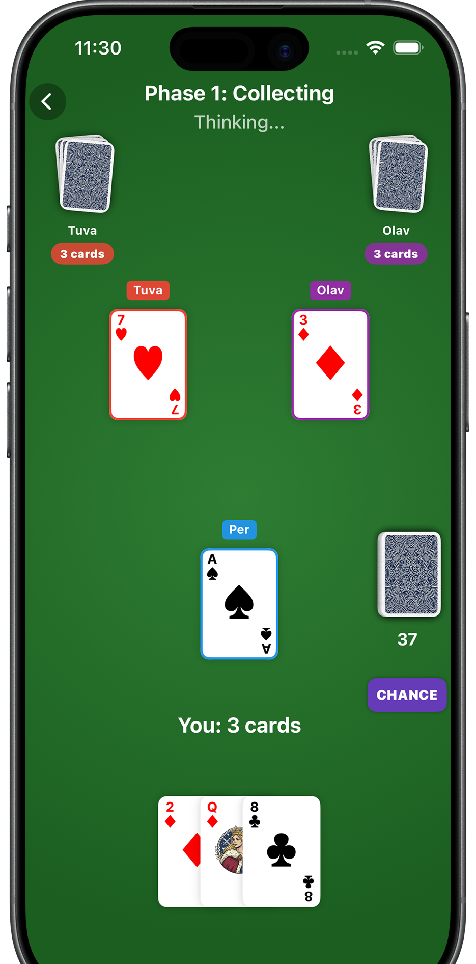 Mattis mobile gameplay with cards on the table