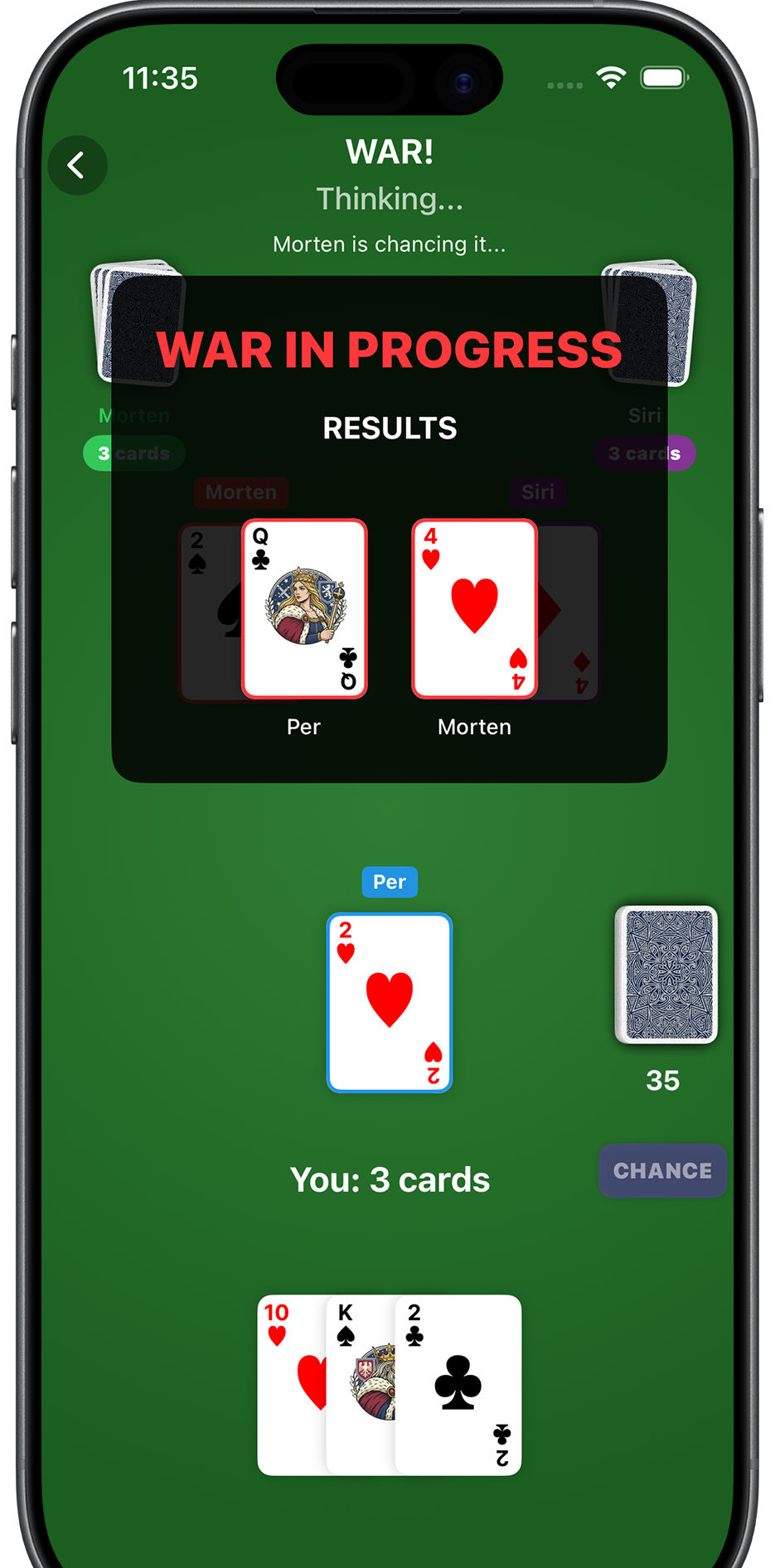 Mattis app showing a tactical card round